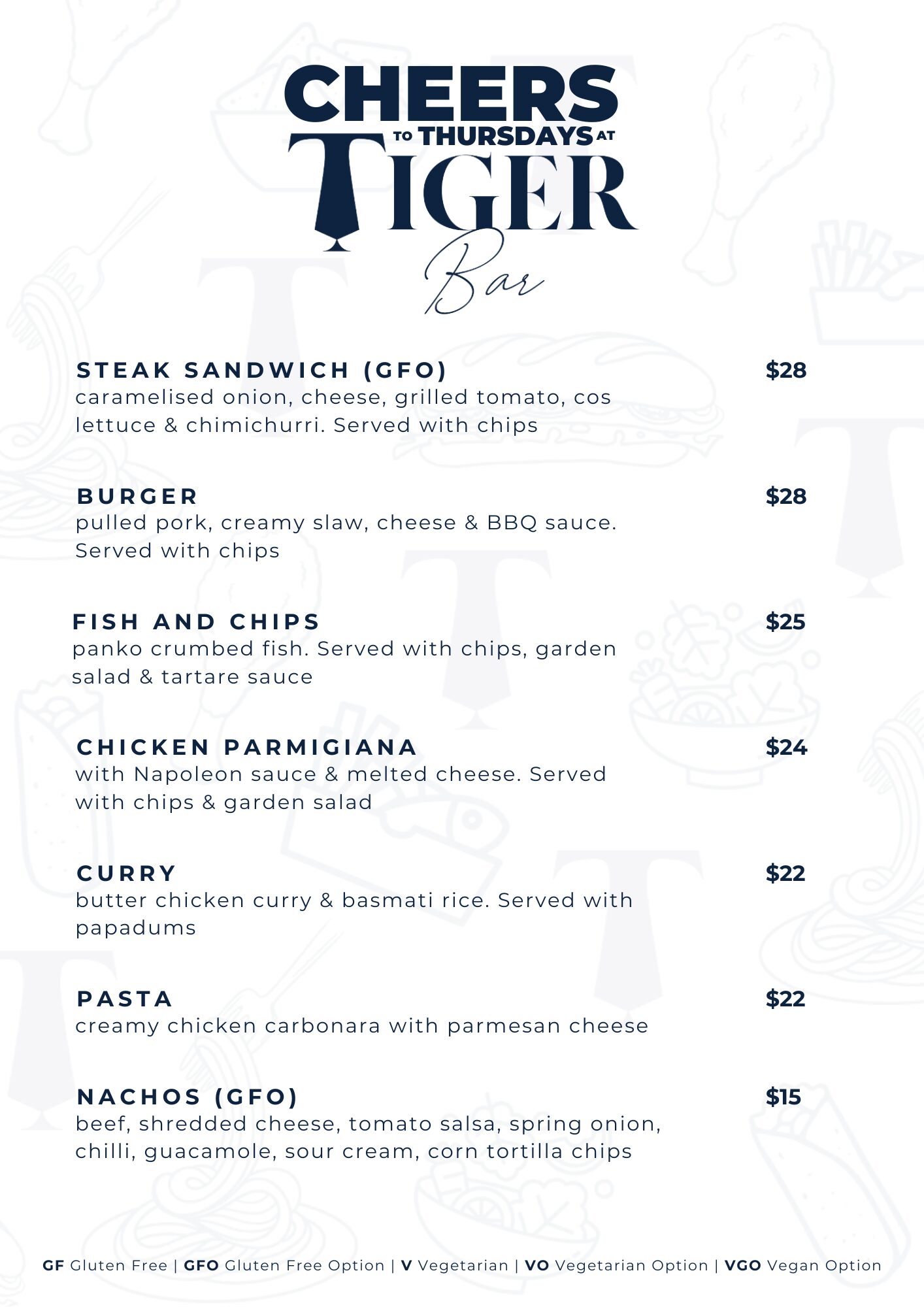 Tiger Bar Menu